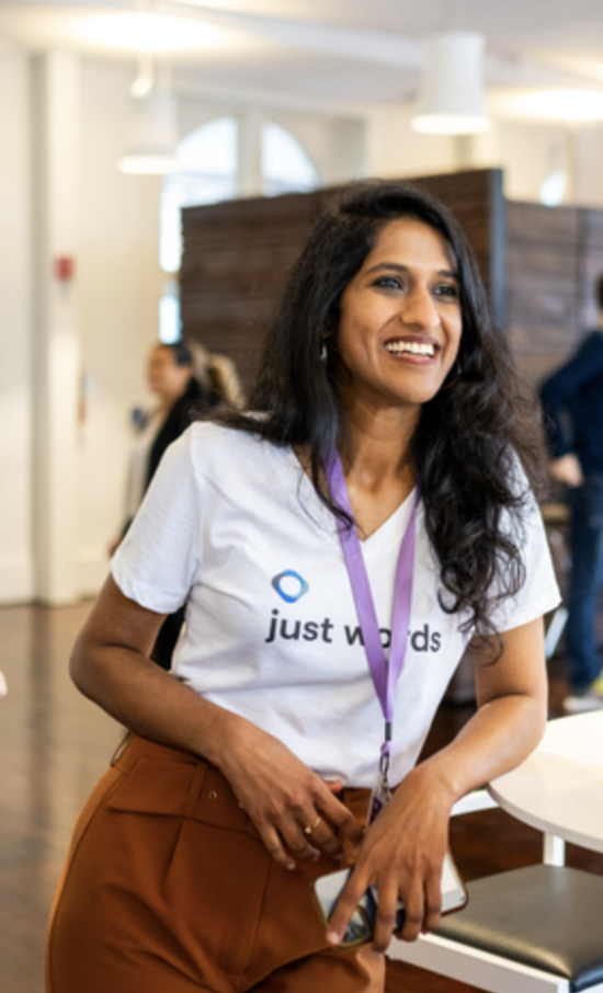 neha mittal in a just words white t-shirt
