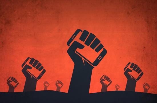 Graphic of multiple raised fists holding smartphones